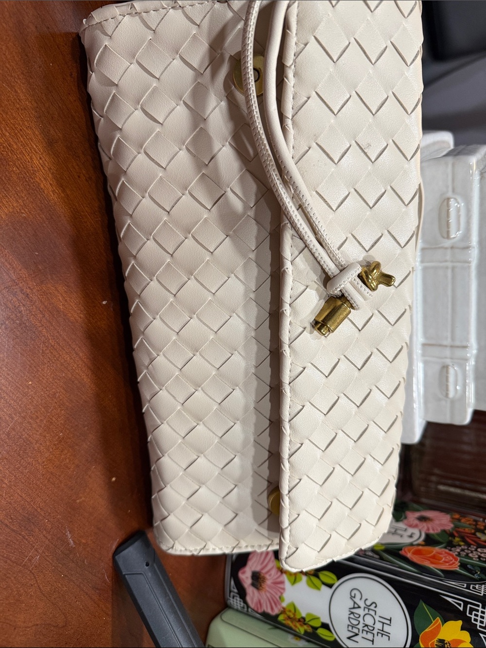 Cream Woven Leather Clutch with Gold Accents